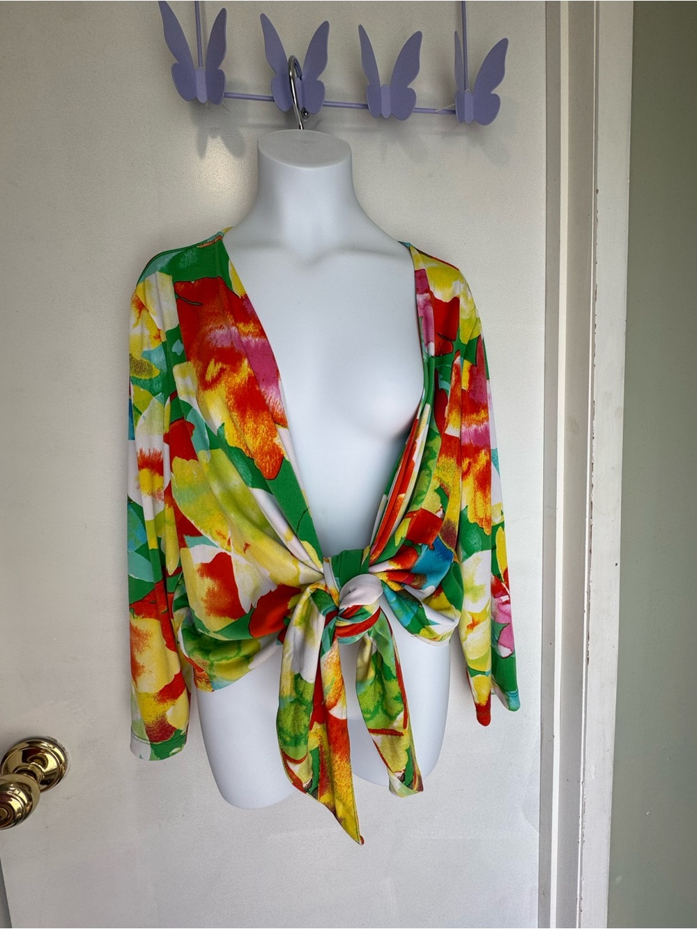 Susan Graver Multicolor Floral Tie-Front Blouse